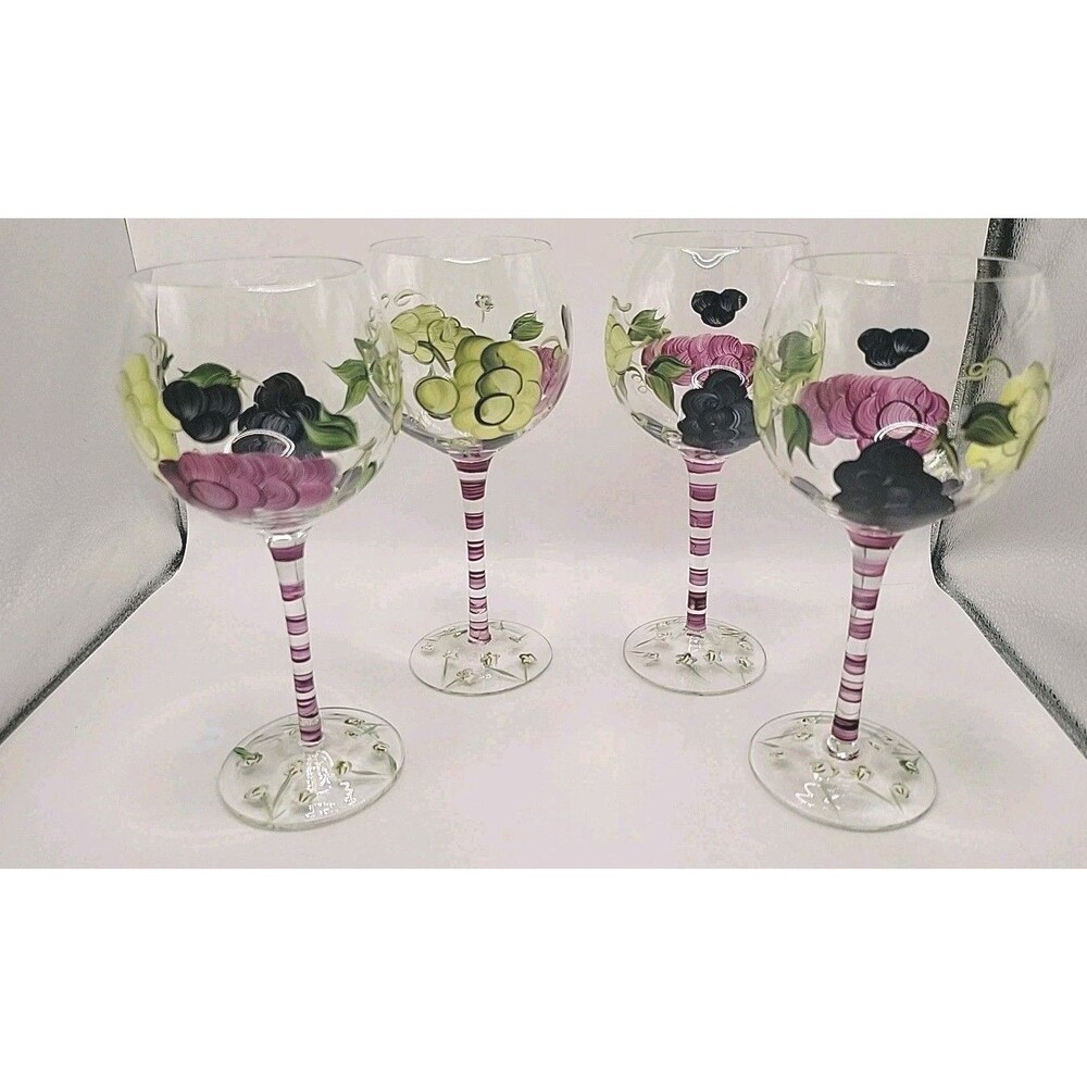 4 Vintage Beautiful 9” Italian wine glass hand made painted art original Rare